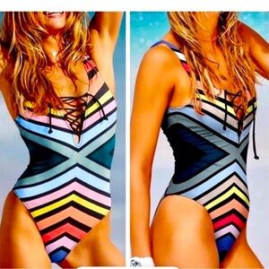 PINK Victoria's Secret Rainbow Stripe Lace Up High Cut Suit, size Large